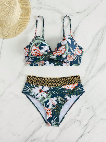 Swim Lushoire Women's Summer Beach Floral Print Halter Neck Tie Sexy Bikini And Triangle Bottoms Two-Piece Swimsuit Set