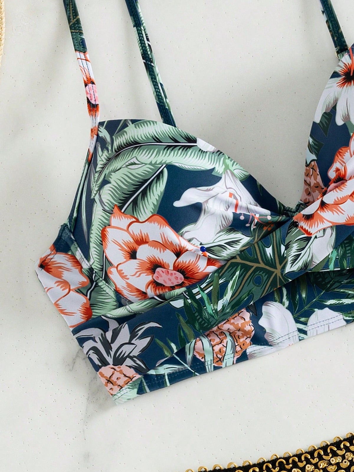 Swim Lushoire Women's Summer Beach Floral Print Halter Neck Tie Sexy Bikini And Triangle Bottoms Two-Piece Swimsuit Set