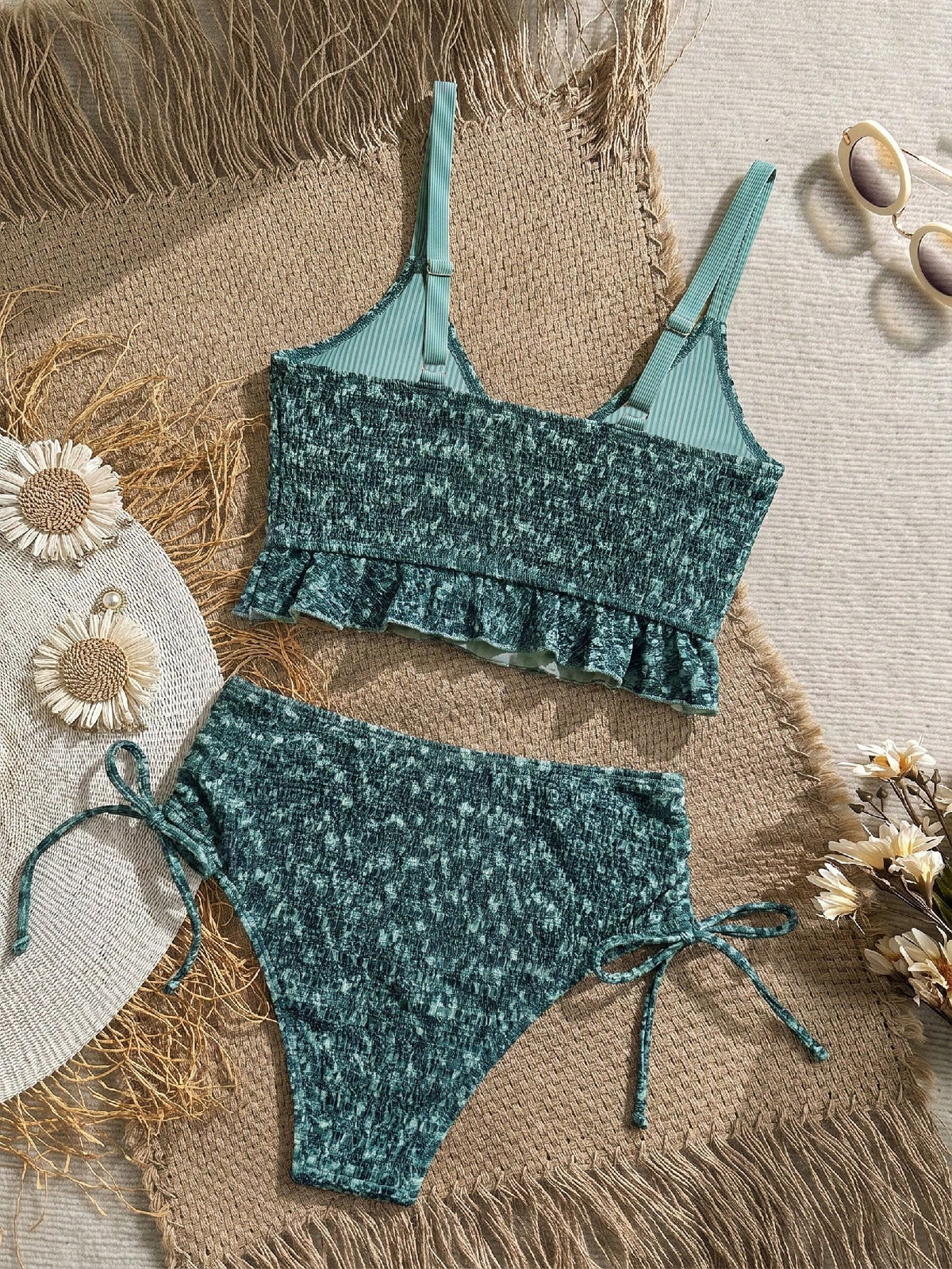 Swim Lushoire Women's Summer Beach Holiday Tank Top Bikini, Textured Fabric, Ruffle Trim, High Waist, Drawstring, Women's Festival Outfit, Beach Outfit, Holiday Outfit, Green