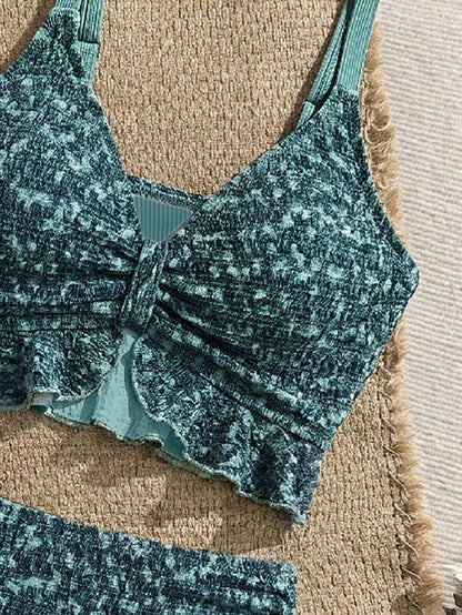 Swim Lushoire Women's Summer Beach Holiday Tank Top Bikini, Textured Fabric, Ruffle Trim, High Waist, Drawstring, Women's Festival Outfit, Beach Outfit, Holiday Outfit, Green