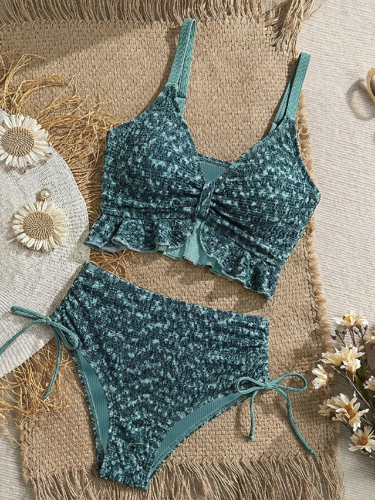 Swim Lushoire Women's Summer Beach Holiday Tank Top Bikini, Textured Fabric, Ruffle Trim, High Waist, Drawstring, Women's Festival Outfit, Beach Outfit, Holiday Outfit, Green