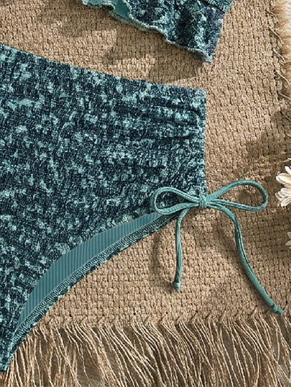 Swim Lushoire Women's Summer Beach Holiday Tank Top Bikini, Textured Fabric, Ruffle Trim, High Waist, Drawstring, Women's Festival Outfit, Beach Outfit, Holiday Outfit, Green