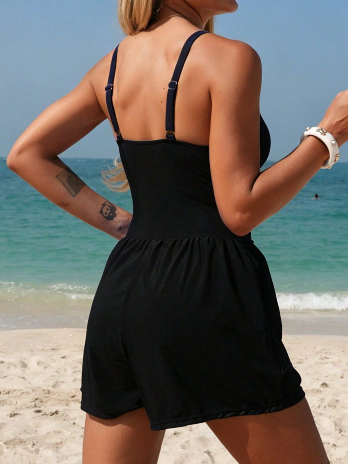 Swim Lushoire Women's Summer Vacation Beach Casual Solid Color Adjustable Strap Metal Buckle V-Neck Criss-Cross Tummy Slimming Pleated Waist Pocket Loose Shorts One-Piece Swimsuit