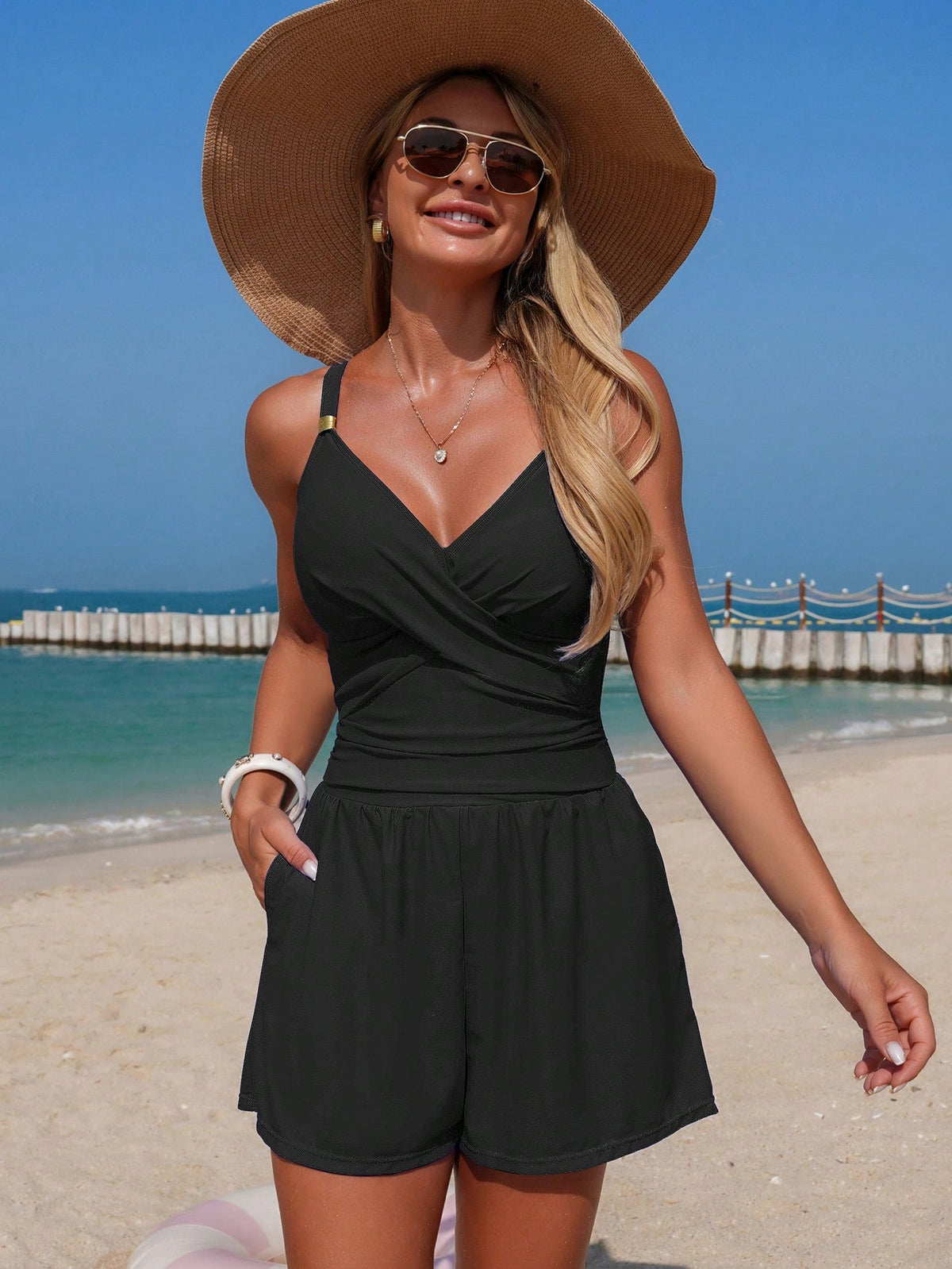 Swim Lushoire Women's Summer Vacation Beach Casual Solid Color Adjustable Strap Metal Buckle V-Neck Criss-Cross Tummy Slimming Pleated Waist Pocket Loose Shorts One-Piece Swimsuit