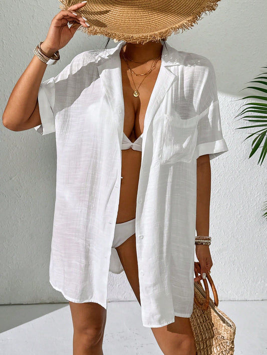 Swim Lushoire Women Simple Solid Color Short Sleeve Kimono Cover Up,Summer Beach Beach For Women Beach Cover Up Women Long Shirt Beach Shirt