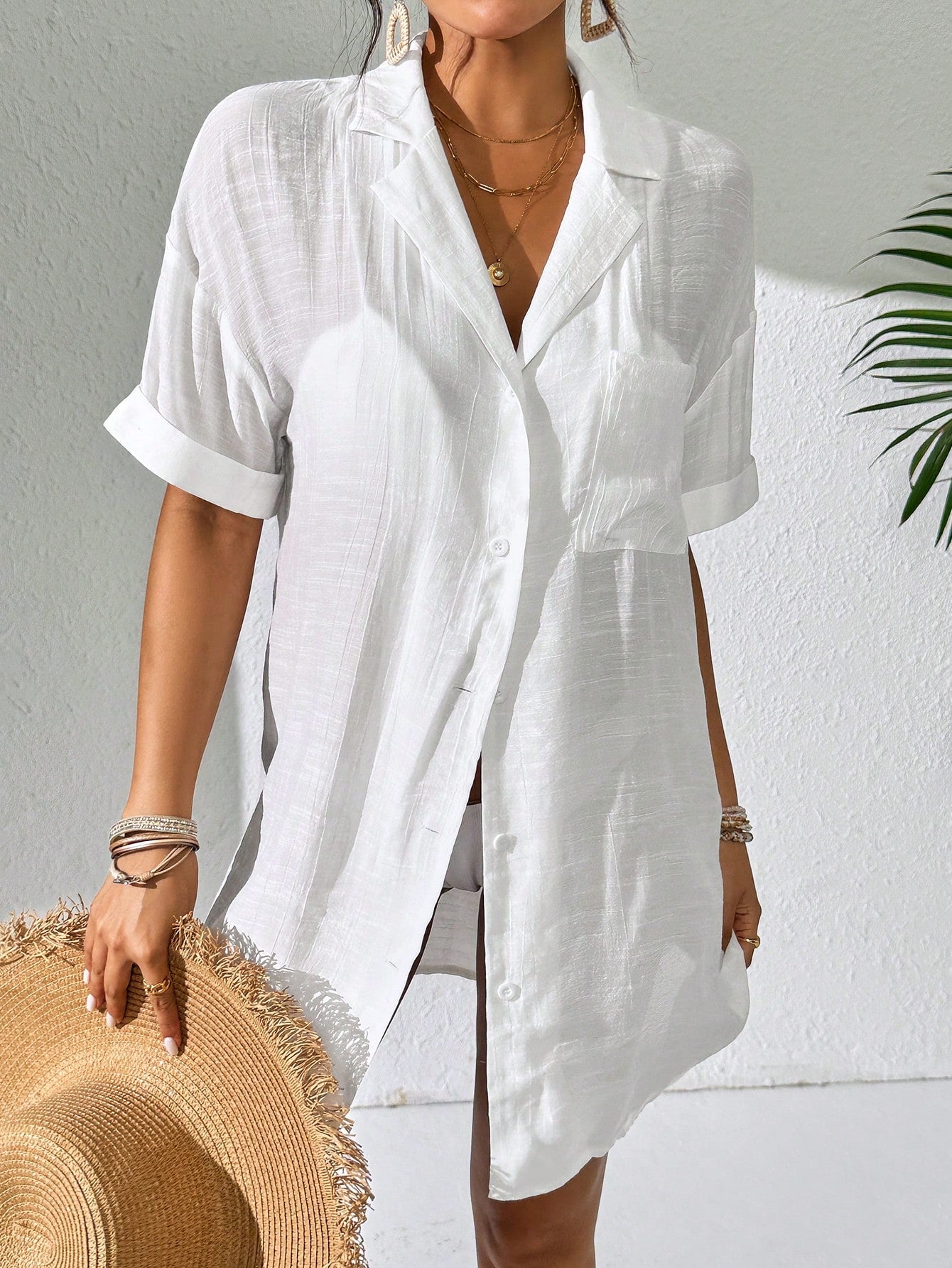Swim Lushoire Women Simple Solid Color Short Sleeve Kimono Cover Up,Summer Beach Beach For Women Beach Cover Up Women Long Shirt Beach Shirt