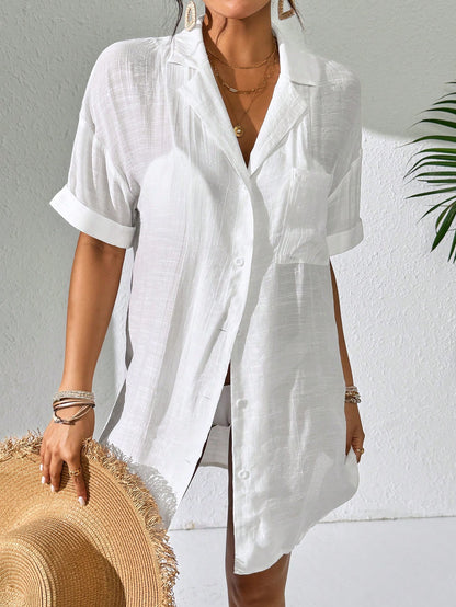 Swim Lushoire Women Simple Solid Color Short Sleeve Kimono Cover Up,Summer Beach Beach For Women Beach Cover Up Women Long Shirt Beach Shirt