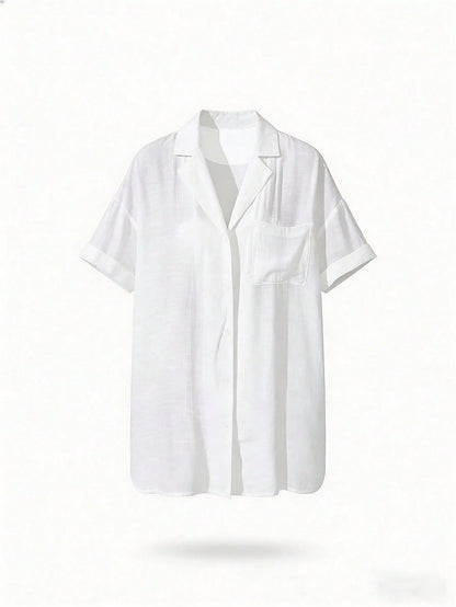 Swim Lushoire Women Simple Solid Color Short Sleeve Kimono Cover Up,Summer Beach Beach For Women Beach Cover Up Women Long Shirt Beach Shirt