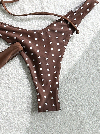 Swim Mod 2-4pcs/Set Women's Brown Polka Dot & Solid Color Tie Side High Cut Triangle Bikini Swimwear Set,1950s Vintage Summer Beach Vacation Holiday Bathing