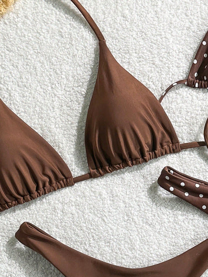 Swim Mod 2-4pcs/Set Women's Brown Polka Dot & Solid Color Tie Side High Cut Triangle Bikini Swimwear Set,1950s Vintage Summer Beach Vacation Holiday Bathing