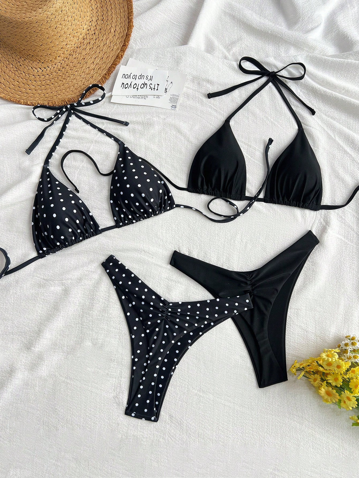 Swim Mod 2-4pcs/Set Women's Brown Polka Dot & Solid Color Tie Side High Cut Triangle Bikini Swimwear Set,1950s Vintage Summer Beach Vacation Holiday Bathing
