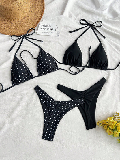 Swim Mod 2-4pcs/Set Women's Brown Polka Dot & Solid Color Tie Side High Cut Triangle Bikini Swimwear Set,1950s Vintage Summer Beach Vacation Holiday Bathing