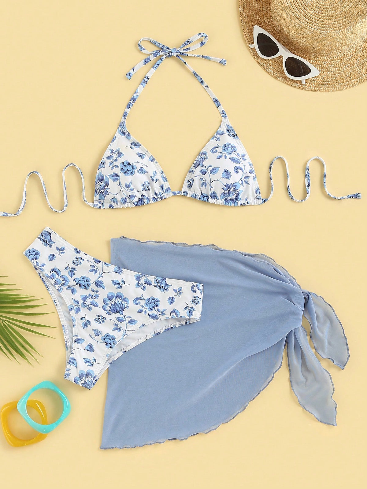 Swim Mod 2-Piece Floral Print Bikini Set, 3 Pcs Summer