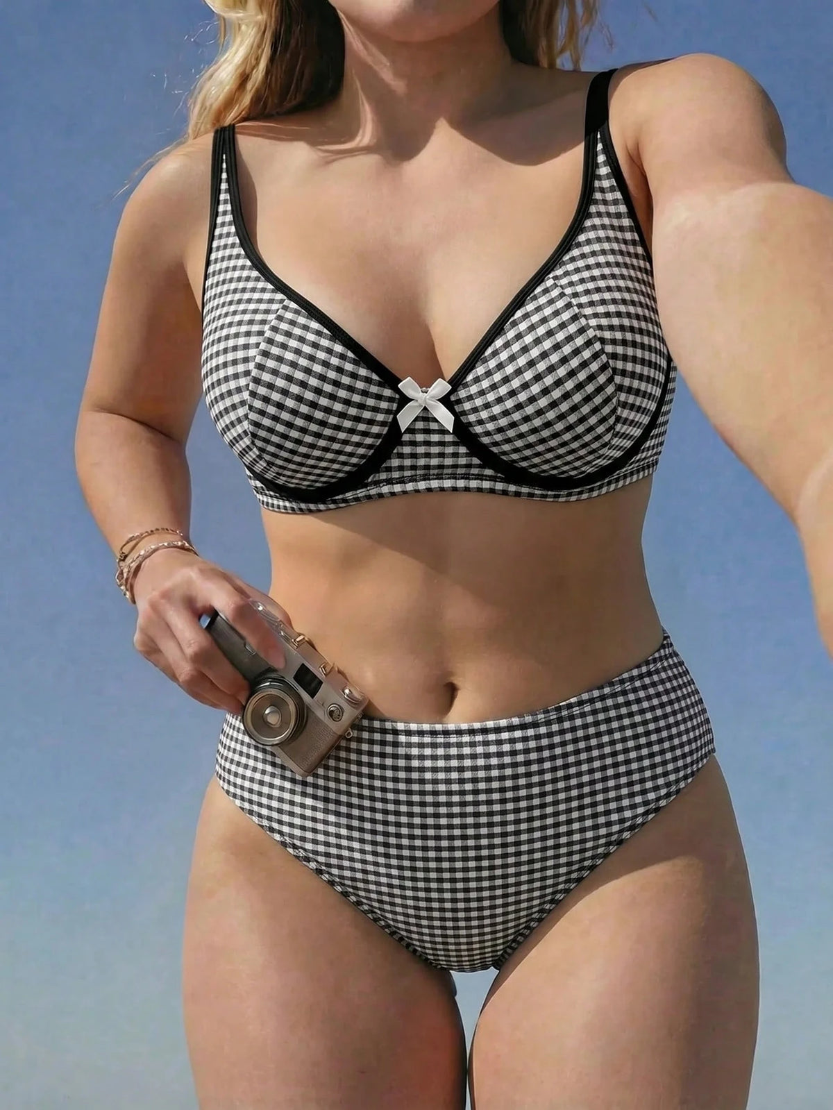 Swim Mod 2026 New Summer Beach Vacation Cute 2-Piece Set Multi-Color Plaid Bow Backless Wire-Free Sexy Influencer Style Bikini Swimsuit For Women Plus Size Plaid Bikini Swimwear Set