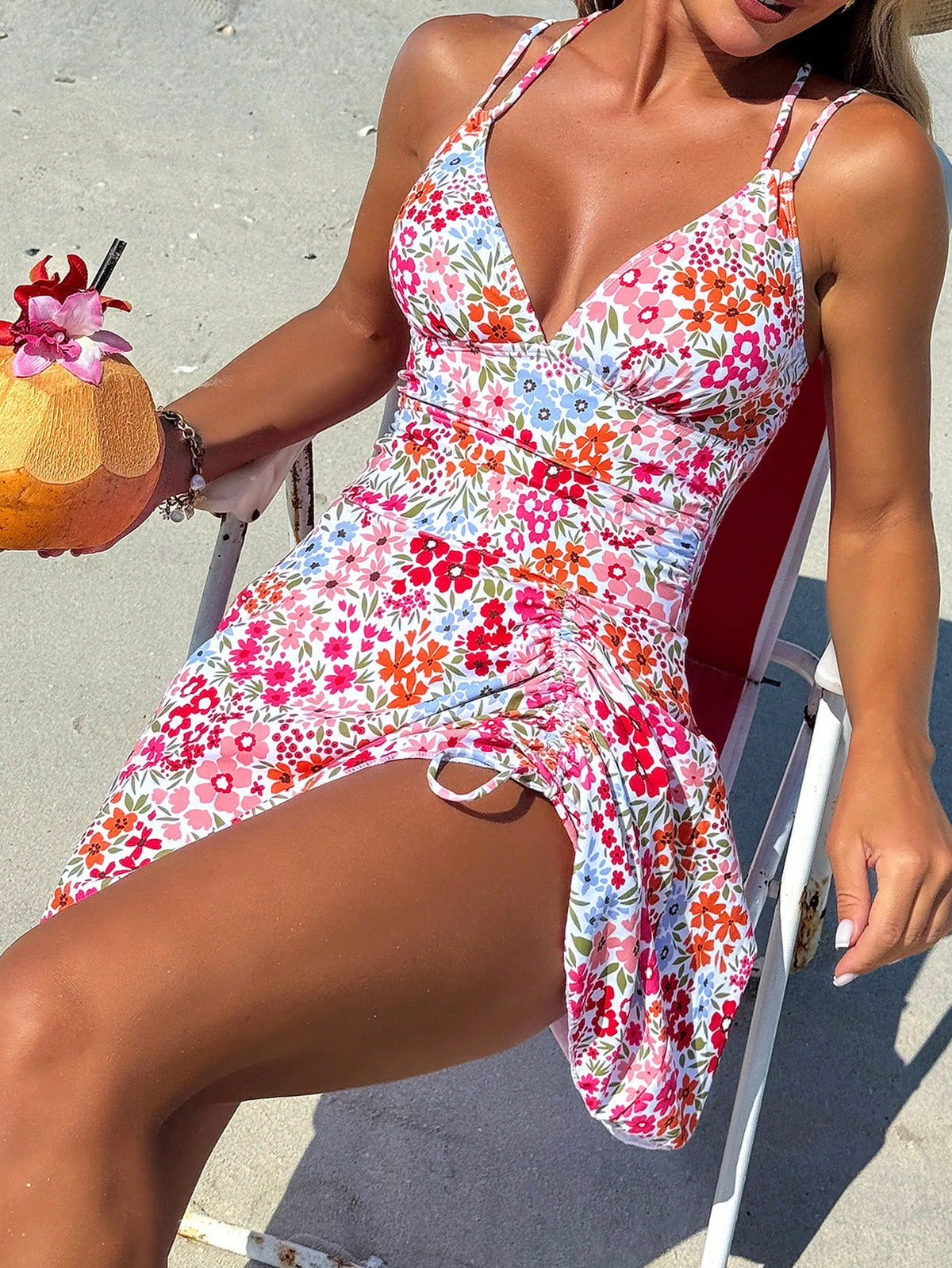Swim Mod Beach Outfits For Women, Floral Print Drawstring Criss-Cross V-Neck Ruched Skort, Sexy Ladies Swimwear Dress, Summer