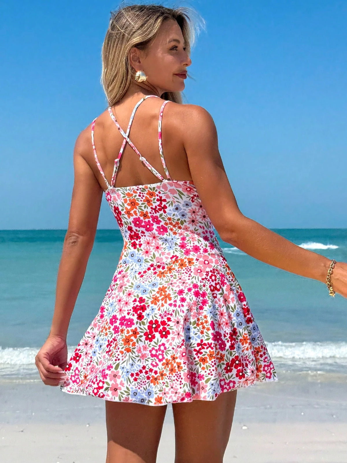 Swim Mod Beach Outfits For Women, Floral Print Drawstring Criss-Cross V-Neck Ruched Skort, Sexy Ladies Swimwear Dress, Summer
