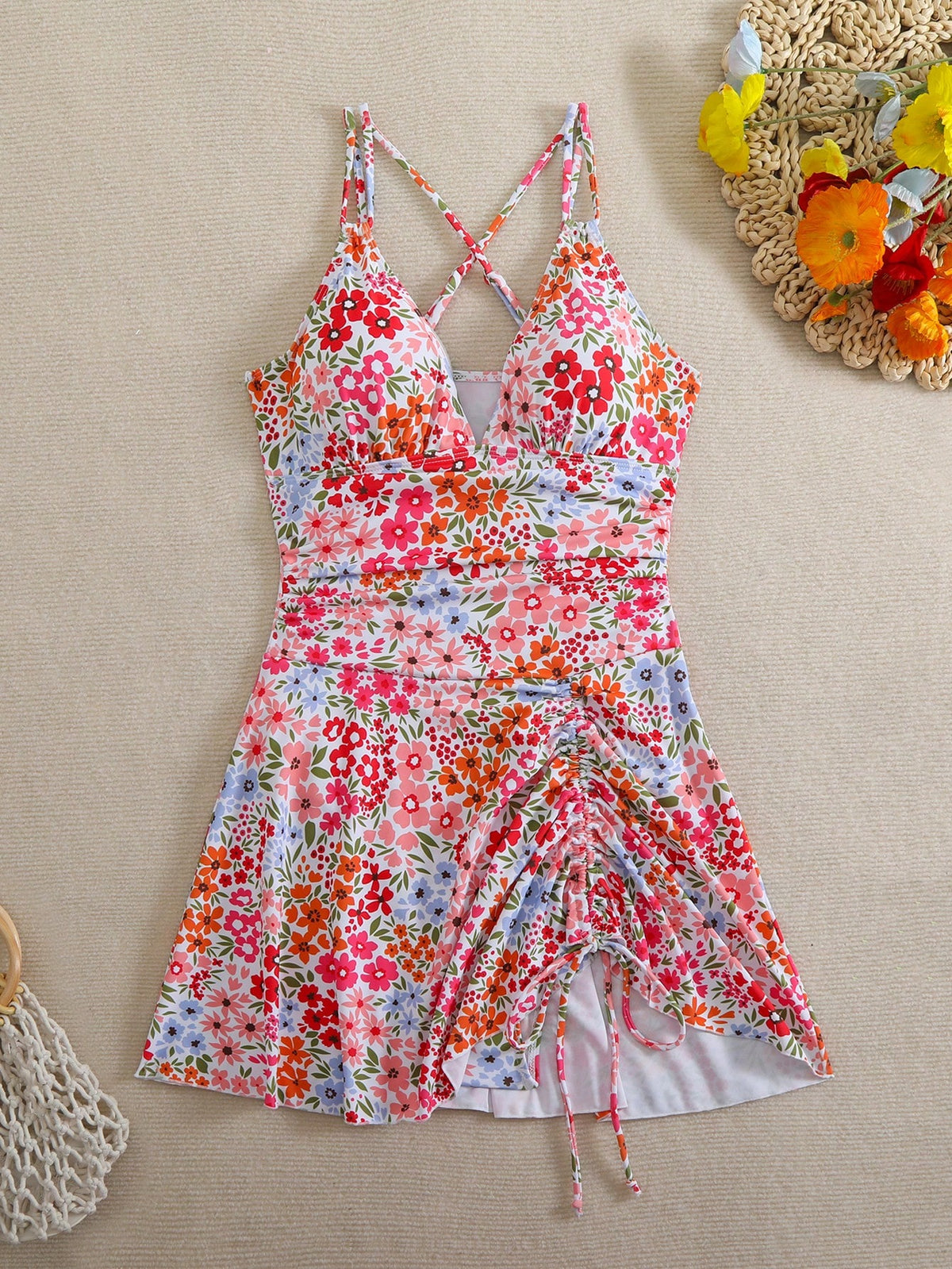 Swim Mod Beach Outfits For Women, Floral Print Drawstring Criss-Cross V-Neck Ruched Skort, Sexy Ladies Swimwear Dress, Summer