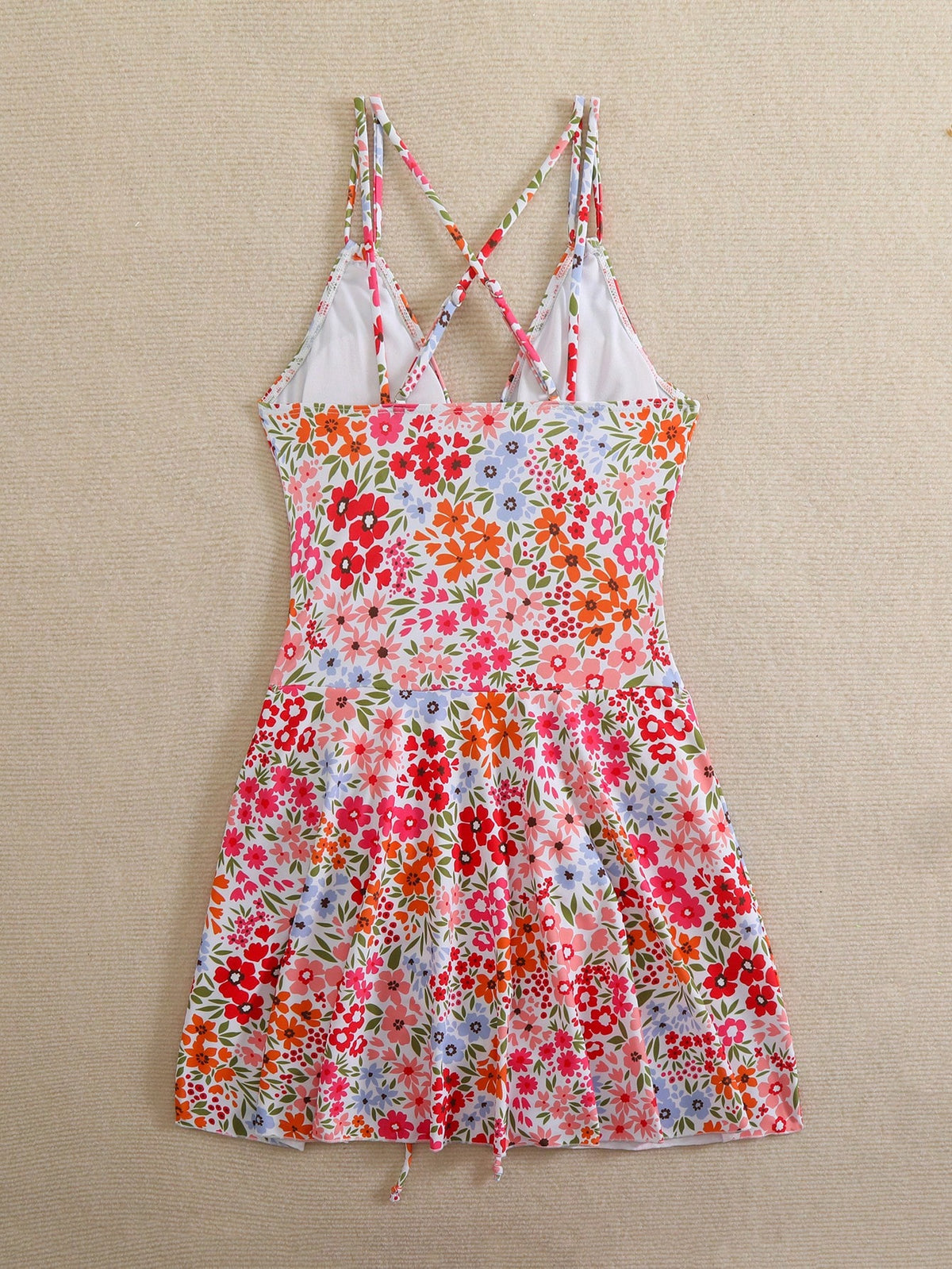 Swim Mod Beach Outfits For Women, Floral Print Drawstring Criss-Cross V-Neck Ruched Skort, Sexy Ladies Swimwear Dress, Summer