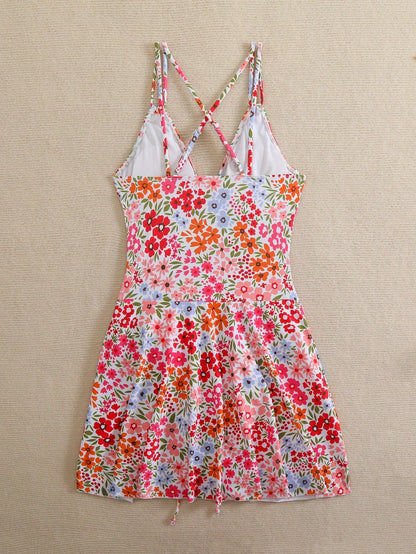 Swim Mod Beach Outfits For Women, Floral Print Drawstring Criss-Cross V-Neck Ruched Skort, Sexy Ladies Swimwear Dress, Summer