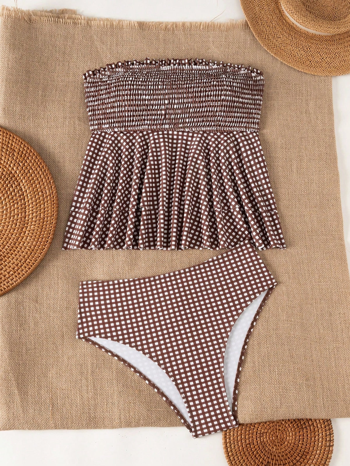 Swim Mod Berry Dot Layered Ruffle Spaghetti Strap Bikini Top, Strapless Design With Front Gathered Detail, Double Layer Ruffle Belly Cover Slimming, Tank Bikini Top For Beach, Sand, Pool And Vacation