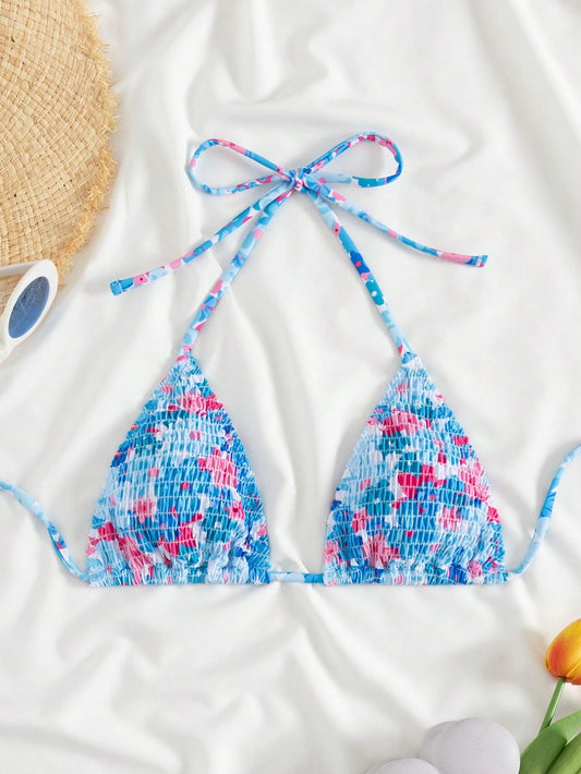Swim Mod Floral Print Shirred Halter Knot Bikini Top For Summer Beach Vacation