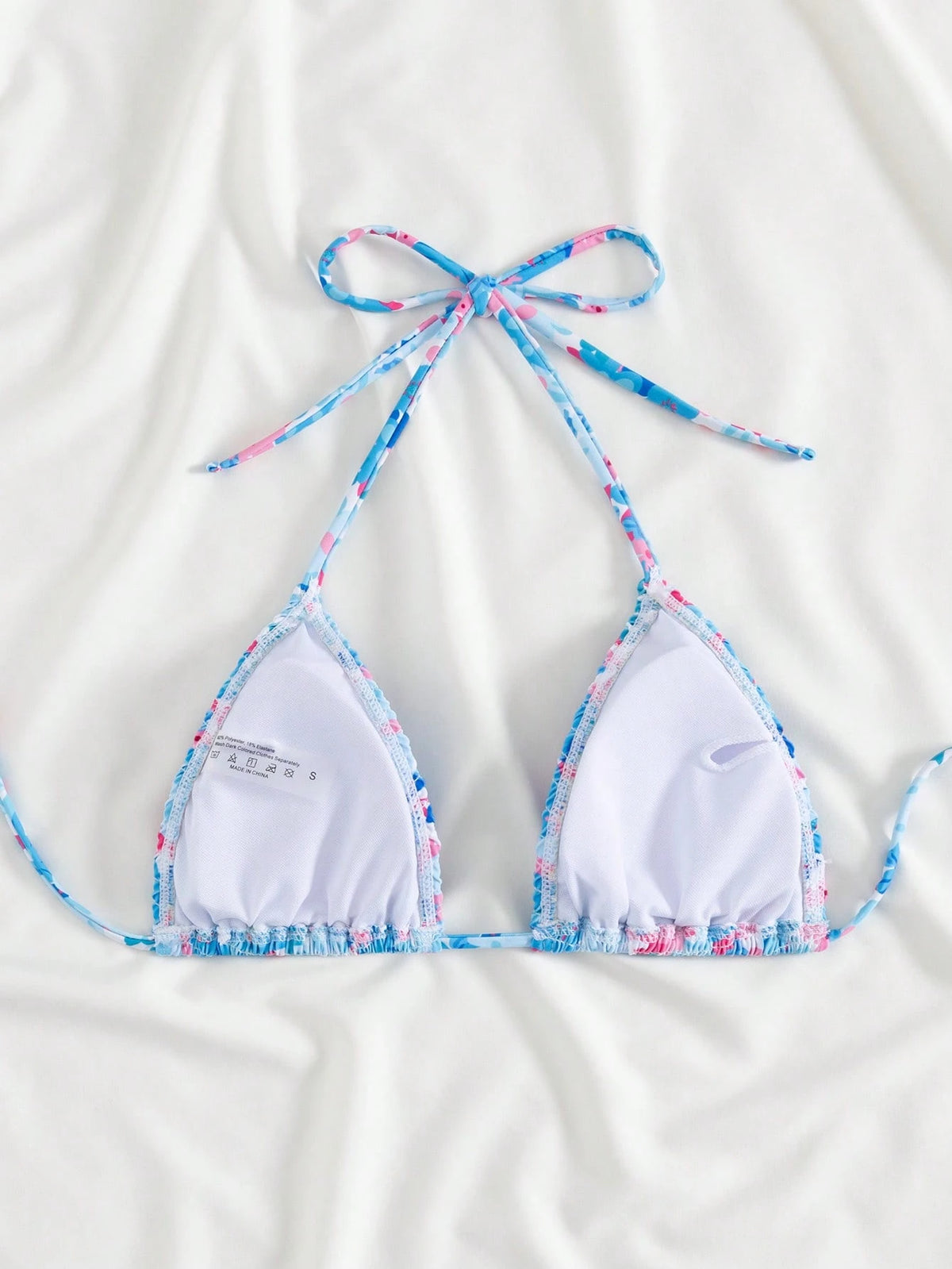 Swim Mod Floral Print Shirred Halter Knot Bikini Top For Summer Beach Vacation