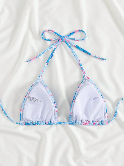 Swim Mod Floral Print Shirred Halter Knot Bikini Top For Summer Beach Vacation
