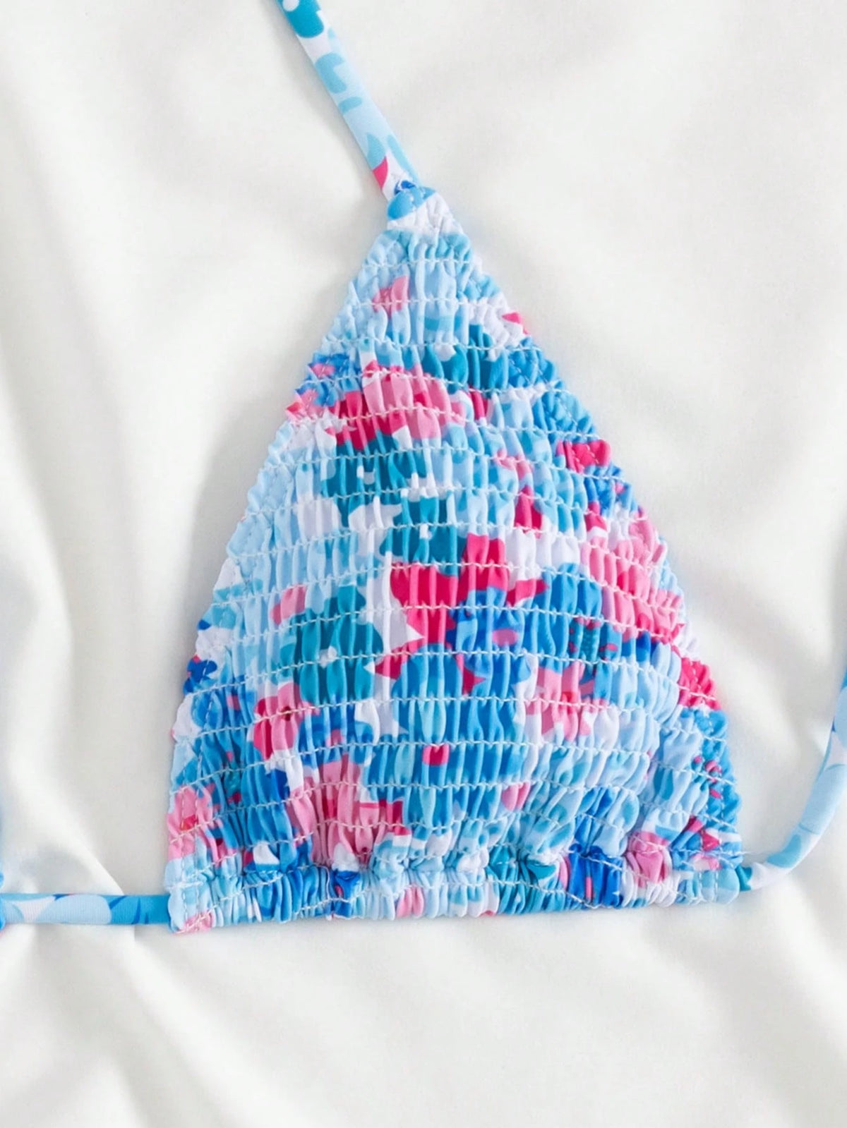 Swim Mod Floral Print Shirred Halter Knot Bikini Top For Summer Beach Vacation