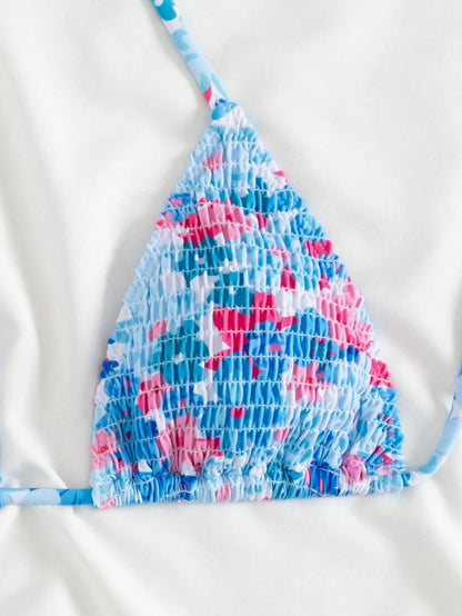 Swim Mod Floral Print Shirred Halter Knot Bikini Top For Summer Beach Vacation