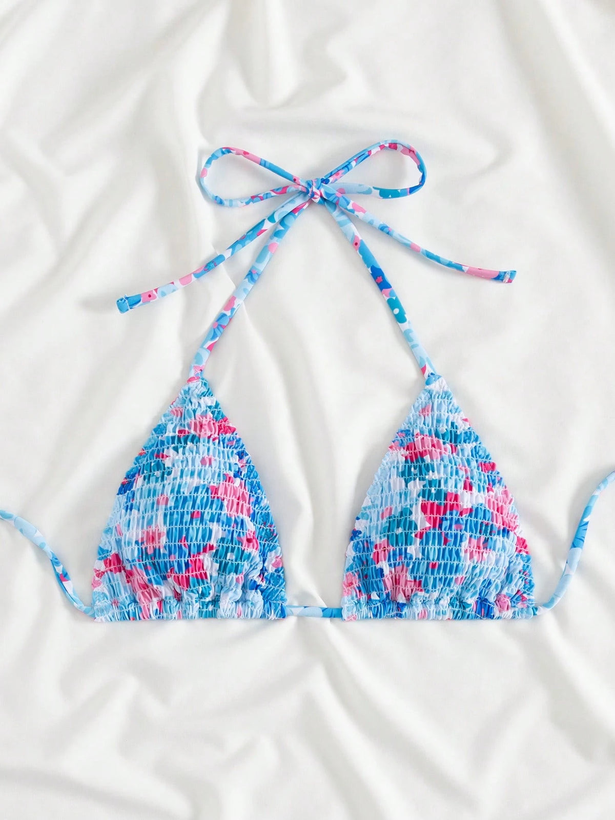Swim Mod Floral Print Shirred Halter Knot Bikini Top For Summer Beach Vacation