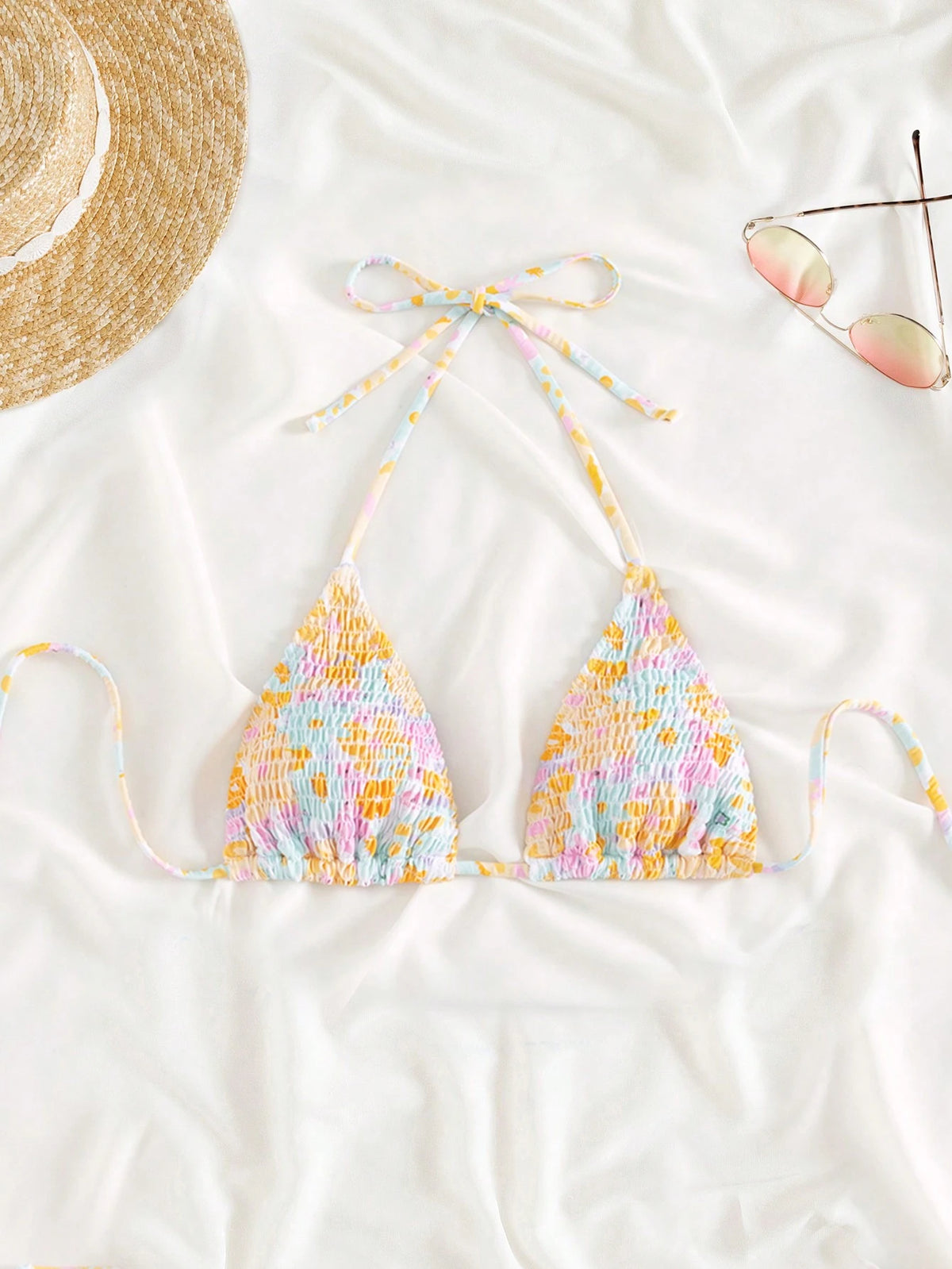 Swim Mod Floral Print Shirred Halter Knot Bikini Top For Summer Beach Vacation
