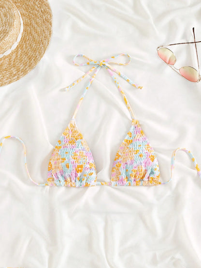 Swim Mod Floral Print Shirred Halter Knot Bikini Top For Summer Beach Vacation