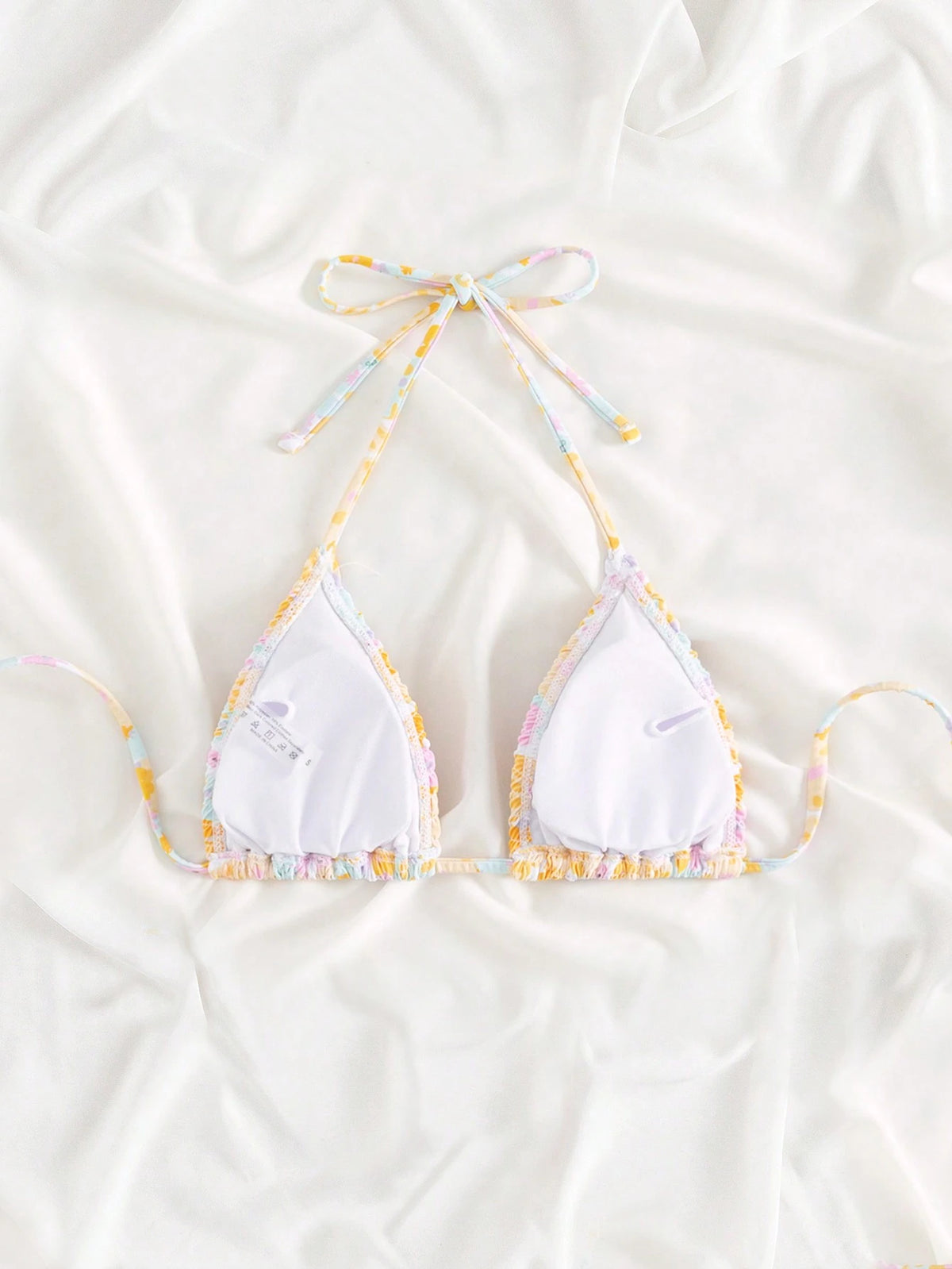 Swim Mod Floral Print Shirred Halter Knot Bikini Top For Summer Beach Vacation