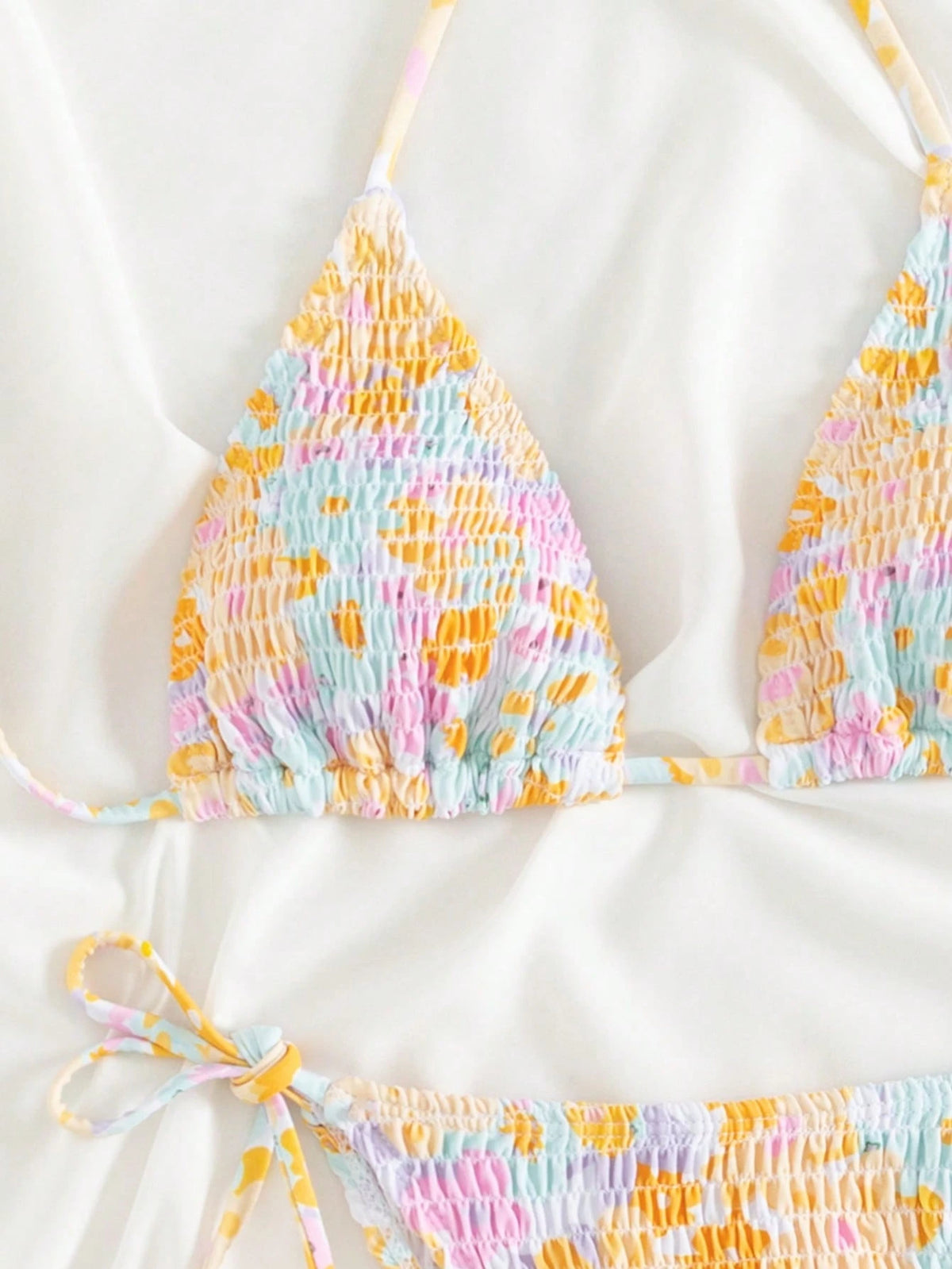 Swim Mod Floral Print Shirred Halter Knot Bikini Top For Summer Beach Vacation