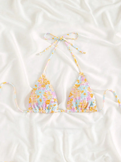 Swim Mod Floral Print Shirred Halter Knot Bikini Top For Summer Beach Vacation