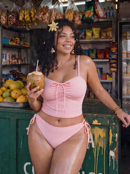 Swim Mod Plus Size 2-Piece Women Cerise Pink Bikini Set,Ruched Bow Tie Top,Adjustable Side Tie Bottom,Summer Casual Pirate Holiday Vacation Beach Swimwear