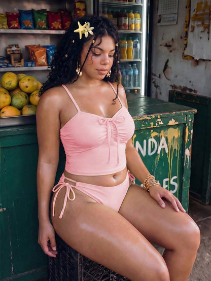 Swim Mod Plus Size 2-Piece Women Cerise Pink Bikini Set,Ruched Bow Tie Top,Adjustable Side Tie Bottom,Summer Casual Pirate Holiday Vacation Beach Swimwear