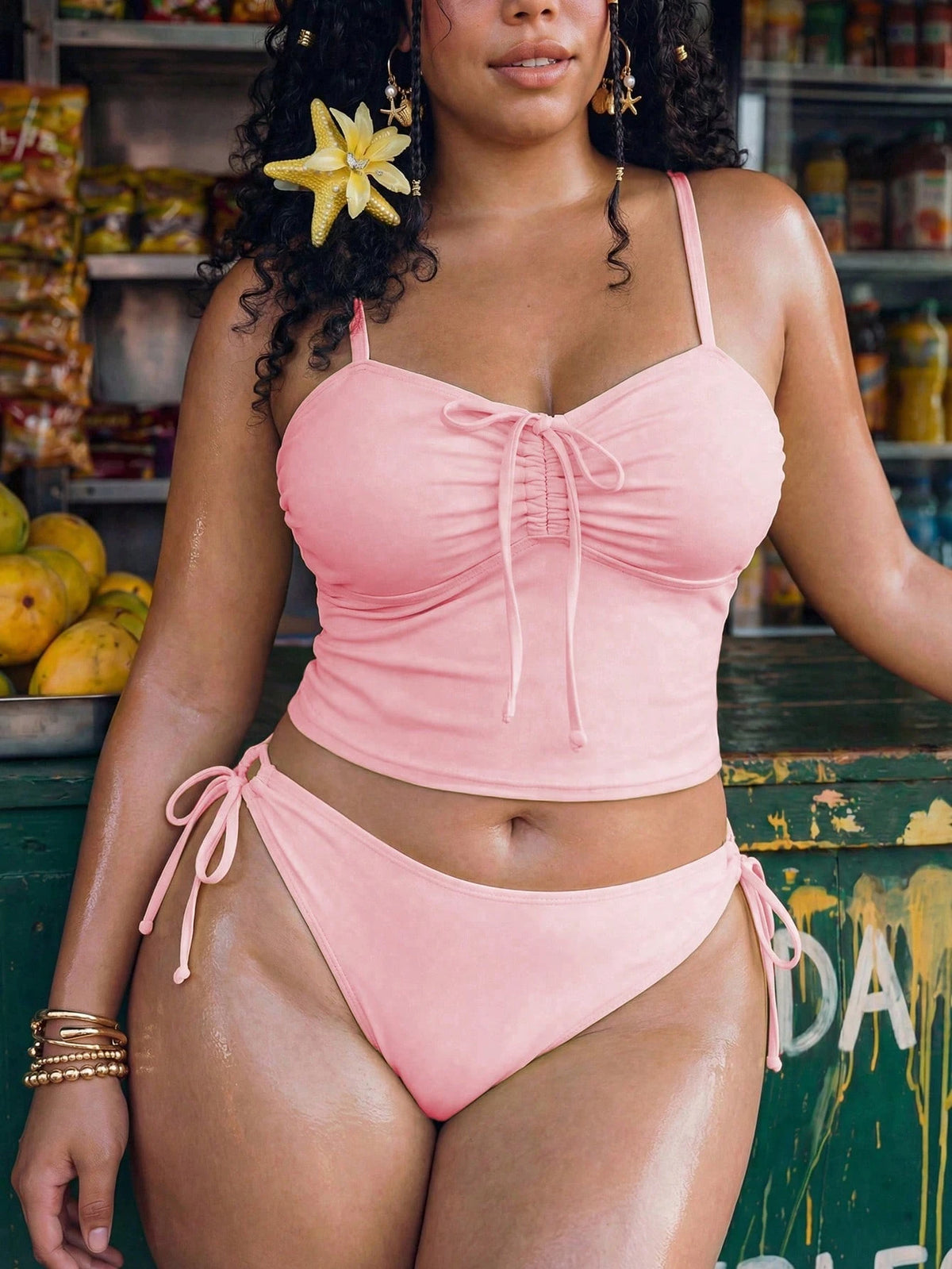 Swim Mod Plus Size 2-Piece Women Cerise Pink Bikini Set,Ruched Bow Tie Top,Adjustable Side Tie Bottom,Summer Casual Pirate Holiday Vacation Beach Swimwear