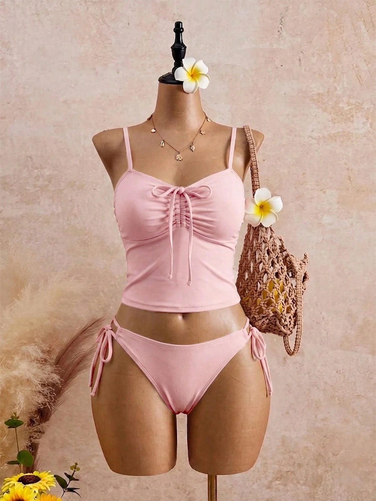 Swim Mod Plus Size 2-Piece Women Cerise Pink Bikini Set,Ruched Bow Tie Top,Adjustable Side Tie Bottom,Summer Casual Pirate Holiday Vacation Beach Swimwear