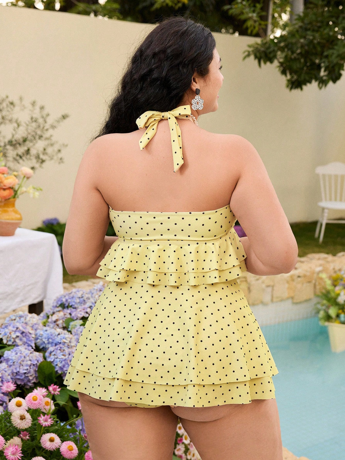 Swim Mod Plus Size Contrast Color Polka Dot Print Halter Neck Swimwear Set