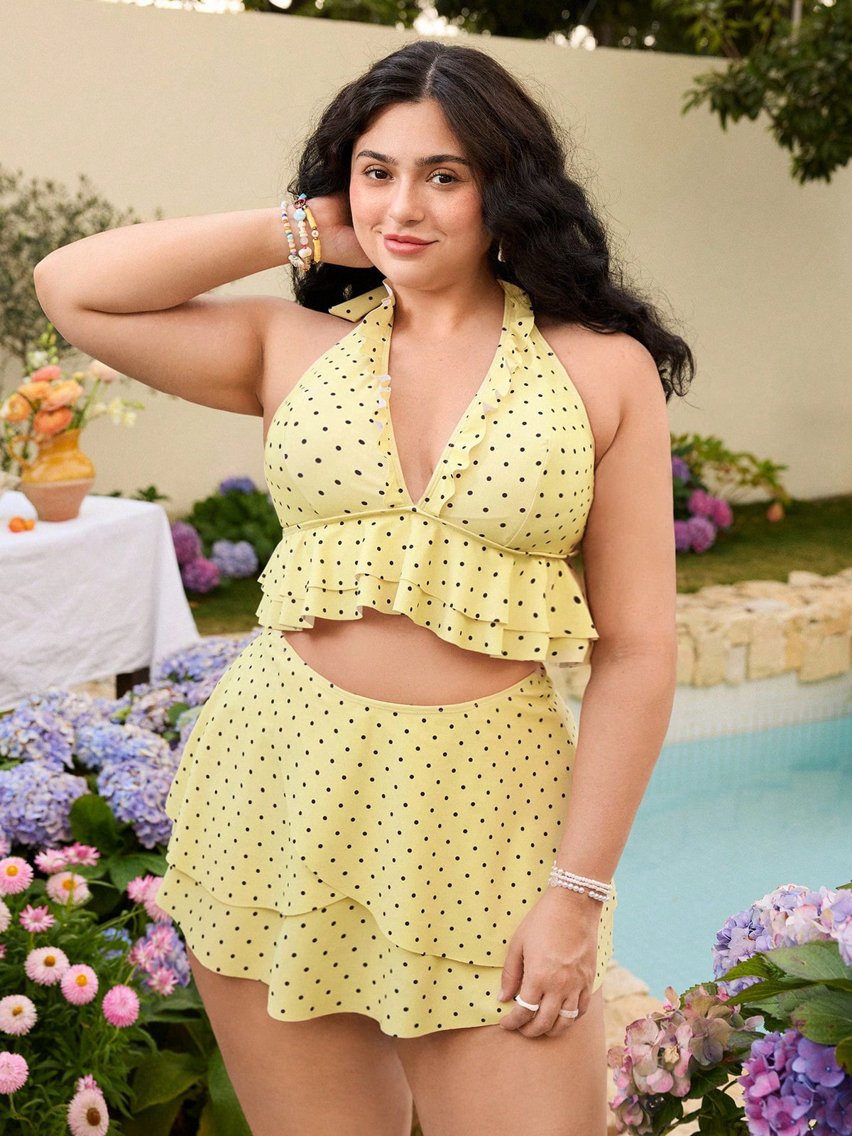 Swim Mod Plus Size Contrast Color Polka Dot Print Halter Neck Swimwear Set