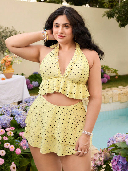 Swim Mod Plus Size Contrast Color Polka Dot Print Halter Neck Swimwear Set