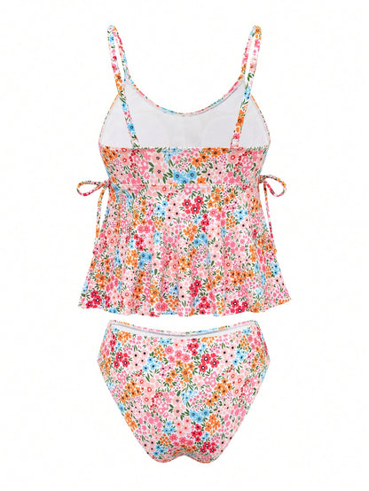 Swim Mod Plus Size Women 2pcs Ditsy Floral Strap Bikini Set, Elegant Beach Resort Vacation Swimsuit For Summer