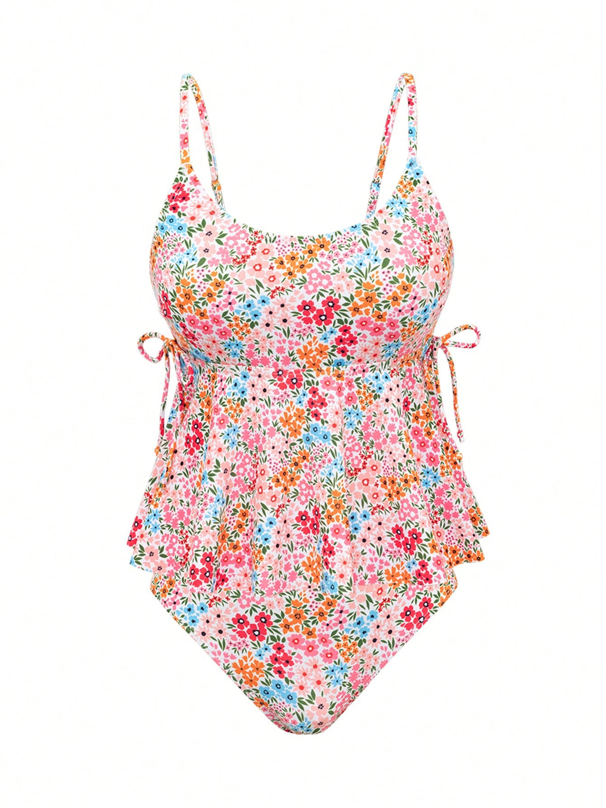 Swim Mod Plus Size Women 2pcs Ditsy Floral Strap Bikini Set, Elegant Beach Resort Vacation Swimsuit For Summer