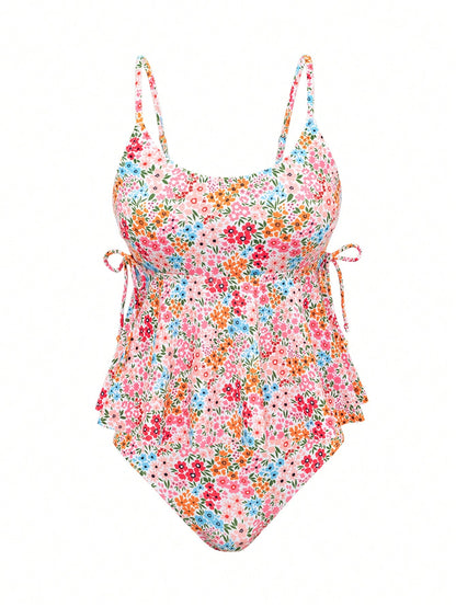 Swim Mod Plus Size Women 2pcs Ditsy Floral Strap Bikini Set, Elegant Beach Resort Vacation Swimsuit For Summer