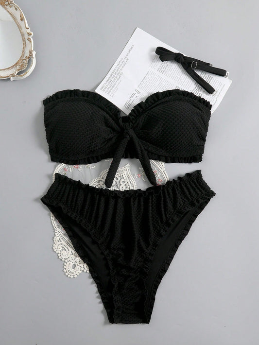 Swim Mod Plus Size Women 2pcs Textured Fabric Spaghetti Strap Tie Front Triangle Bikini Swimwear, Vacation Beach