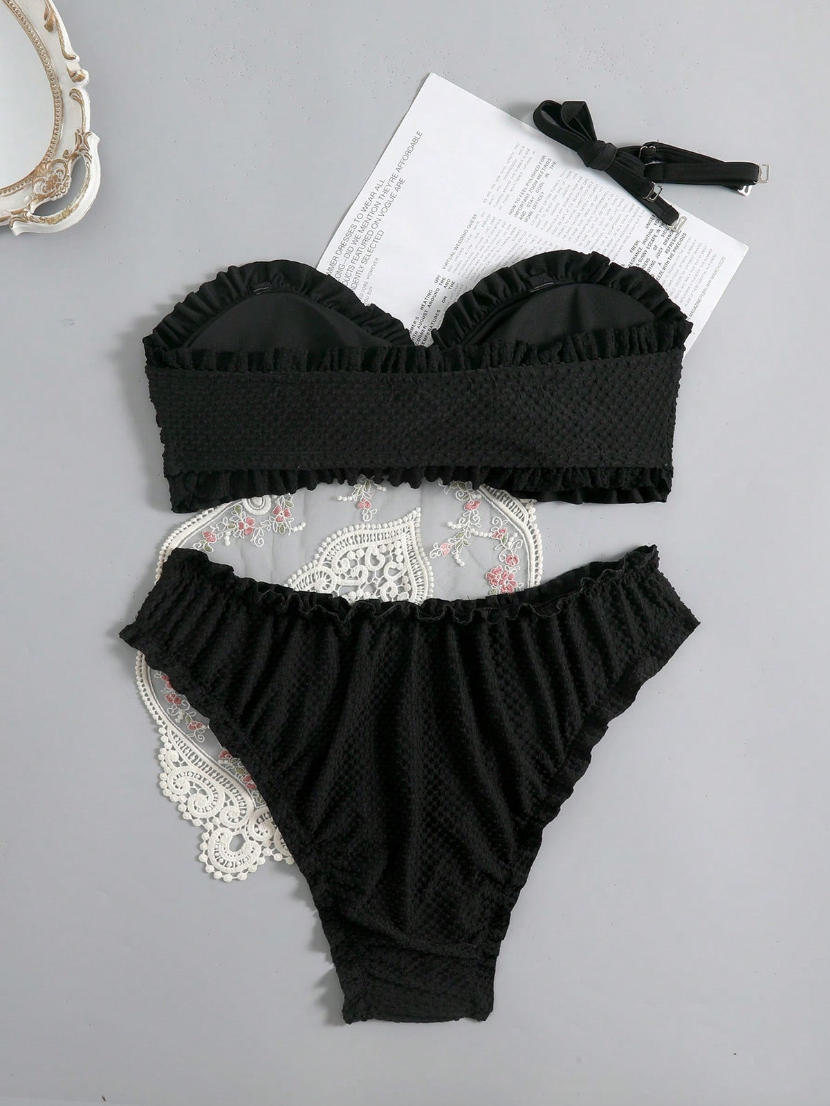 Swim Mod Plus Size Women 2pcs Textured Fabric Spaghetti Strap Tie Front Triangle Bikini Swimwear, Vacation Beach