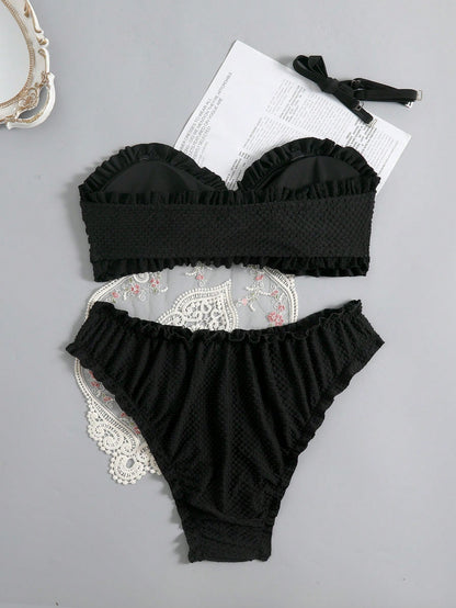 Swim Mod Plus Size Women 2pcs Textured Fabric Spaghetti Strap Tie Front Triangle Bikini Swimwear, Vacation Beach