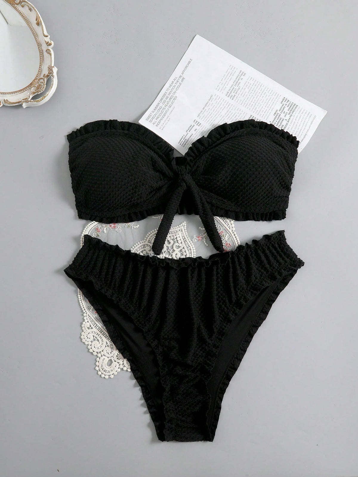 Swim Mod Plus Size Women 2pcs Textured Fabric Spaghetti Strap Tie Front Triangle Bikini Swimwear, Vacation Beach