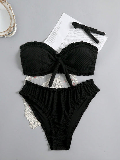 Swim Mod Plus Size Women 2pcs Textured Fabric Spaghetti Strap Tie Front Triangle Bikini Swimwear, Vacation Beach